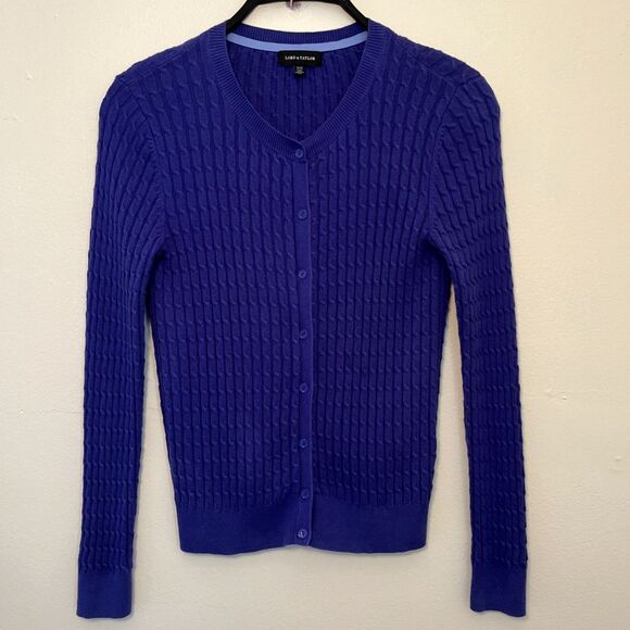 LORD AND TAYLOR Plaited Knit Cotton Long Sleeve Cardigan, Purple- Medium - Picture 1 of 8